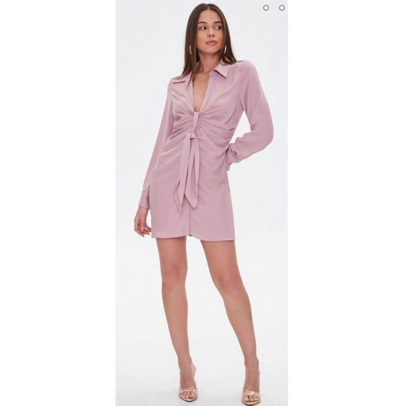 Mauve Pink Tie Front Collar Dress Dusty Rose Small - Picture 8 of 8